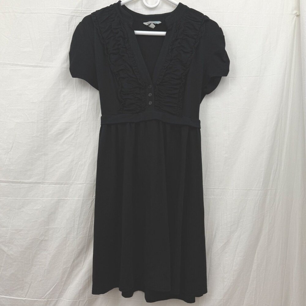Above Knee Short Sleeve Elastic Waist Button Front Dress Women XL Black